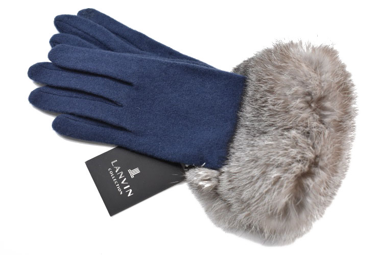 ランバン コレクション 手袋 レディース ブランド LANVIN COLLECTION ウール カシミヤ混 ラビットファー スマホ対応 青 ブルー 21-22cm 女性 婦人 20代 30代 40代 50代 プレゼント ギフト おしゃれ グローブ 防寒 カシミア