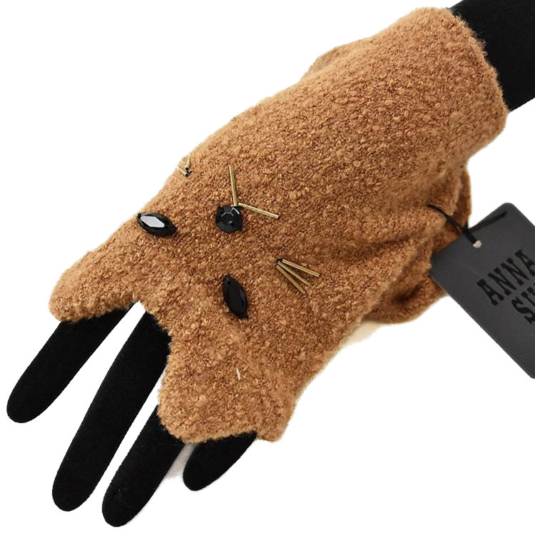 アナスイ 手袋 レディース ブランド ANNA SUI 指なし キャット ネコ ねこ 猫 キャメル ブラウン 日本製 女性 婦人 グローブ 防寒 ホワイトデー ...