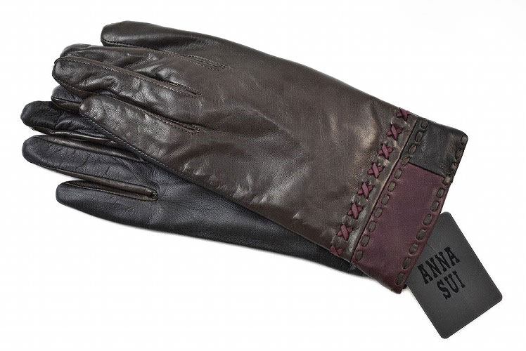 アナスイ 手袋 レディース スマホ対応 革 皮 ラムレザー 暖かい かわいい 自転車 防寒 ブランド ハイブランド ANNA SUI クロスステッチ 茶 ブラウ...