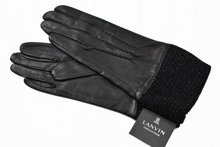 ランバン コレクション 手袋 レディース ブランド LANVIN COLLECTION ラムレザー ラメ入リブ デザイン スマホ対応 黒 ブラック 20cm 2...