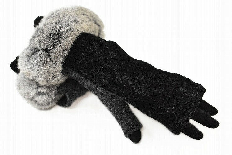 ランバン コレクション 手袋 レディース ブランド LANVIN COLLECTION ウール混 ラメ レース ラビットファー 指なし 21-22cm フィンガ...