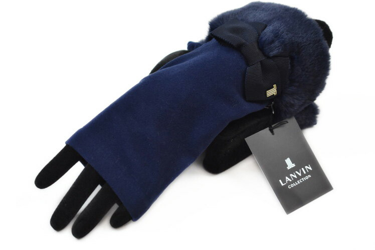 新品未使用タグ付き LANVIN en Blue カシミヤ リボン ファー手袋 28-q4511_1.jpg