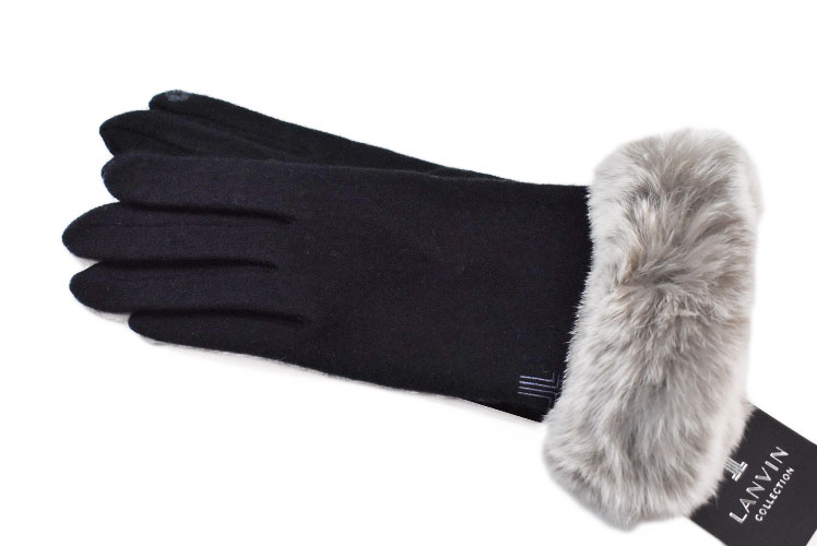 ランバン コレクション 手袋 レディース ブランド LANVIN COLLECTION カシミヤ混 ラビットファー スマホ対応 黒 ブラック 21-22cm 女性 婦人 グローブ 防寒 カシミア