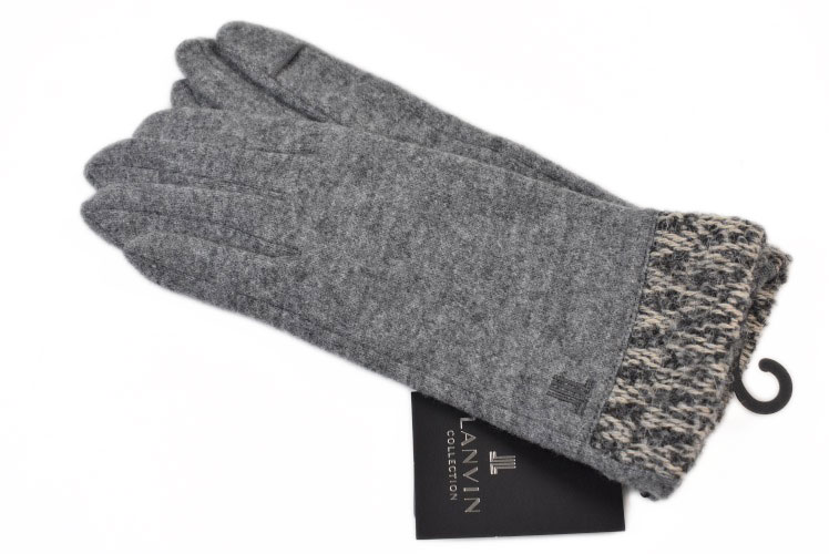 ランバン コレクション 手袋 レディース ブランド LANVIN COLLECTION ウール カシミヤ混 ニット デザイン カフス スマホ対応 指先スリット ライト グレー 21-22cm 女性 婦人 グローブ 防寒