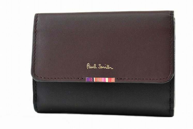 ポールスミス ミニ財布 三つ折り 財布 コンパクト レディース ブランド Paul Smith クロスオーバー ストライプ タブ フラップ 専用箱付 ボルドー × 黒 ブラック 女性 婦人 本革 PWD943 母の日 【あす楽】