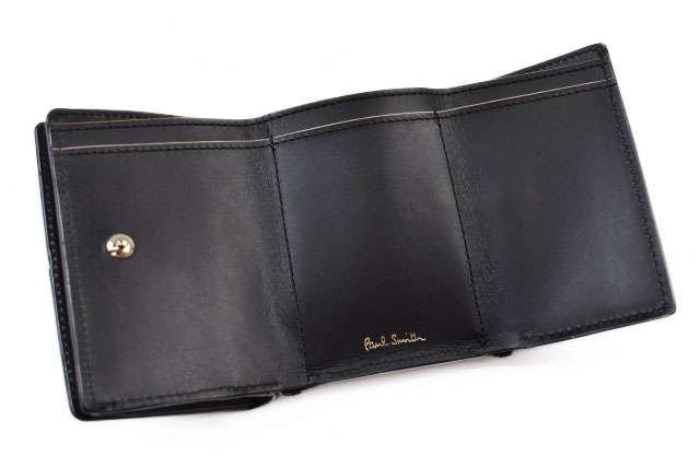 ポールスミス ミニ財布 三つ折り 財布 コンパクト レディース ブランド Paul Smith センターストライプ フラップ 専用箱付 黒 ブラック 女性 婦人 本革 PWD983 訳あり