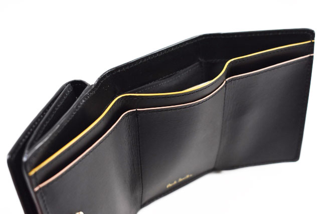 ポールスミス ミニ財布 三つ折り 財布 コンパクト レディース ブランド Paul Smith センターストライプ フラップ 専用箱付 黒 ブラック 女性 婦人 本革 PWD983 訳あり