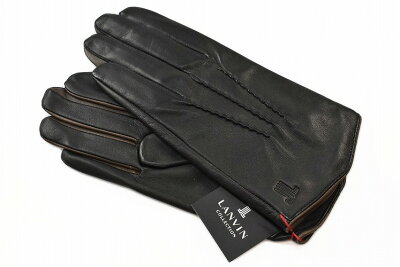 ランバン コレクション 手袋 メンズ ブランド LANVIN COLLECTION ラムレザー 日本製 黒 ブラック × カーキ 24cm 男性 紳士 防寒
