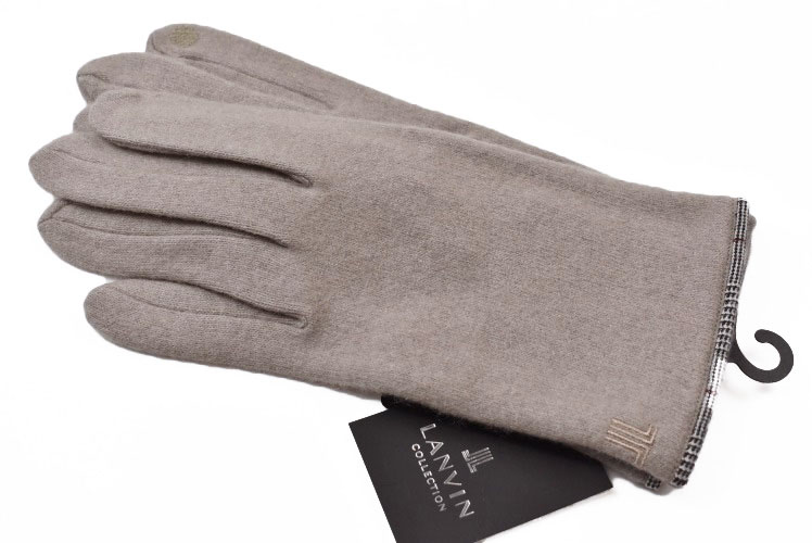 ランバン コレクション 手袋 メンズ ブランド LANVIN COLLECTION カシミヤ 100％ グレンチェック パイピング グレージュ 23-24cm スマホ対応 男性 紳士 グローブ 防寒 カシミア 
