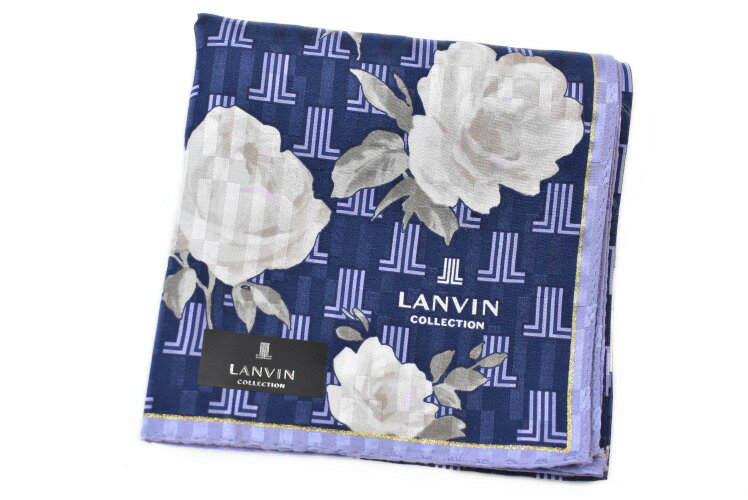 ランバン コレクション 大判 ハンカチ 1枚 レディース ブランド LANVIN COLLECTION シルク混 紺 ネイビー × ライト パープル ローズ ロゴ デザイン ラメ プリント 女性 婦人 【あす楽】