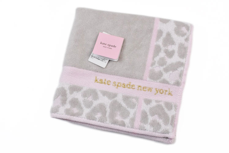 ケイト スペード ニューヨーク タオルハンカチ 1枚 レディース ブランド kate spade new york ライトグレー × ピンク レオパード ロゴ 刺繍 女性 婦人 ハンドタオル ケート 【あす楽】