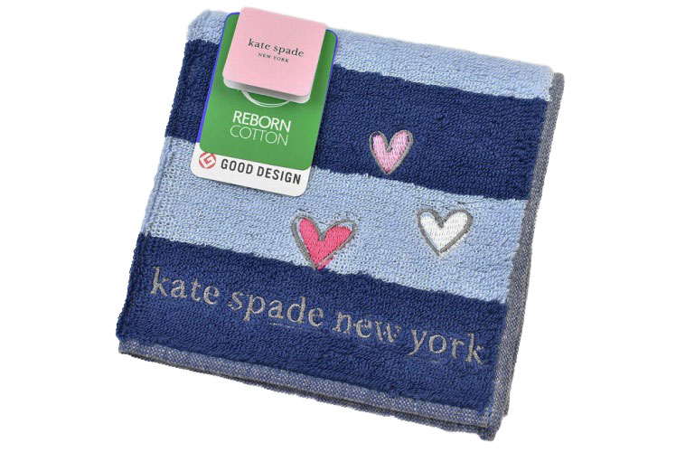 ケイト スペード ニューヨーク タオルハンカチ 1枚 レディース ブランド kate spade new york ネイビー × ブルー ボーダー ハート ロゴ 刺繍 女性 婦人 ケート 【あす楽】