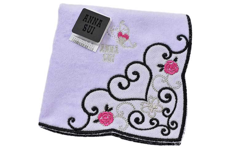 アナスイ タオルハンカチ タオル ハンカチ 1枚 レディース 綿 高級 ブランド ハイブランド ANNA SUI パープル ハート ローズ 刺繍 スカラップ レ...