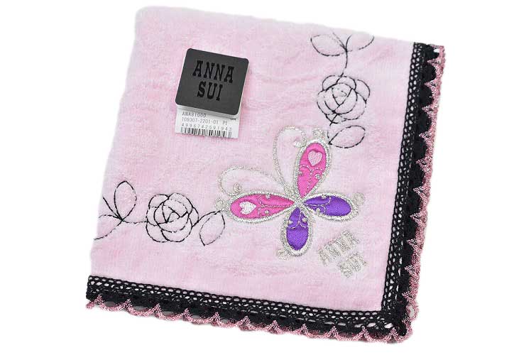 アナスイ タオルハンカチ タオル ハンカチ 1枚 レディース 綿 高級 ブランド ハイブランド ANNA SUI ピンク バタフライ ローズ 薔薇 花 刺繍 女...