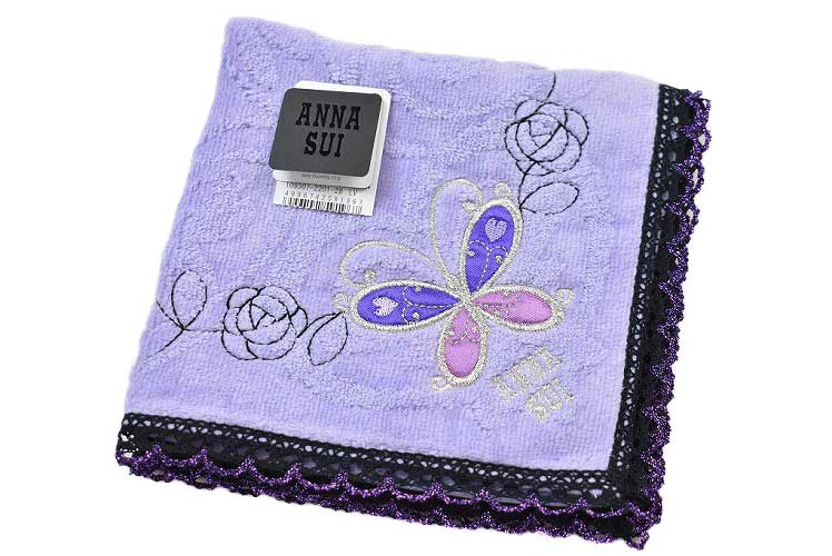 アナスイ タオルハンカチ タオル ハンカチ 1枚 レディース 綿 高級 ブランド ハイブランド ANNA SUI パープル バタフライ ローズ 薔薇 花 刺繍 ...