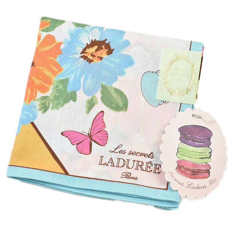 ラデュレ 大判 ハンカチ 1枚 レディース ブランド LADUREE ブルー × マルチカラー フラワー バタフライ ハート マカロン デザイン 女性 婦人 訳あり