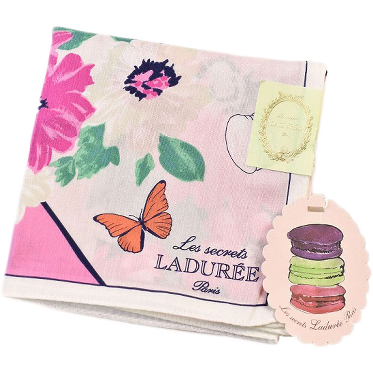ラデュレ 大判 ハンカチ レディース 綿 高級 ブランド ハイブランド LADUREE ホワイト マルチカラー フラワー バタフライ ハート マカロン 女性 婦人 20代 30代 40代 50代 60代 70代 おしゃれ かわいい 大人 ポイント消化 訳あり