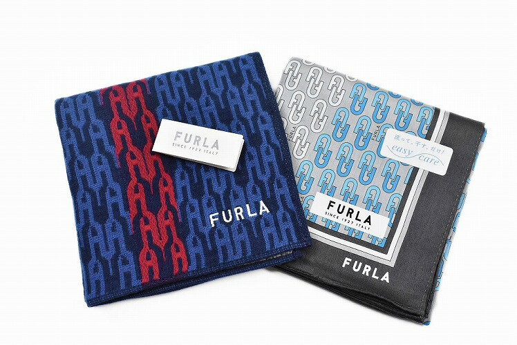 センスのいいメンズハンカチ フルラ ハンカチ 2枚 セット メンズ ブランド FURLA ネイビー レッド ライン ロゴ デザイン × グレー ロゴ デザイン 男性 紳士 父の日 【あす楽】