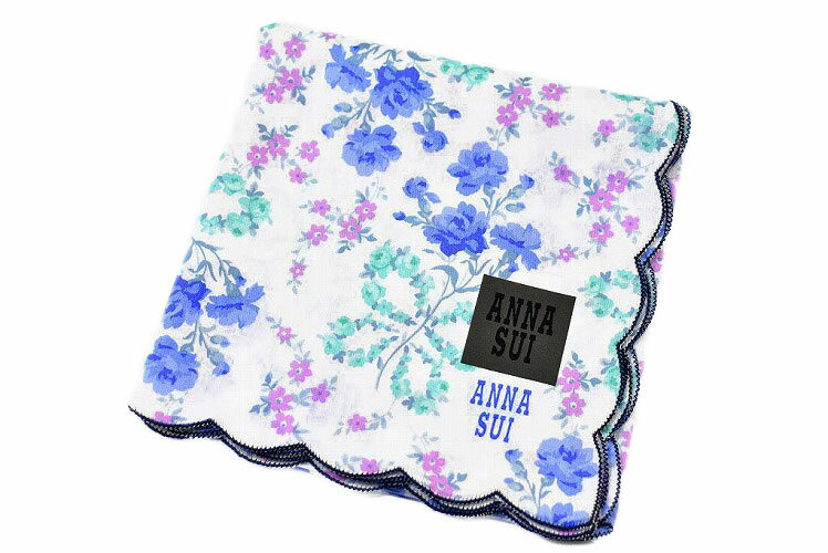 アナ スイ ハンカチ レディース アナスイ 大判 ハンカチ 1枚 レディース ブランド ANNA SUI ホワイト × ミント × ブルー フラワー 花 スカラップ デザイン 女性 婦人 母の日 【あす楽】