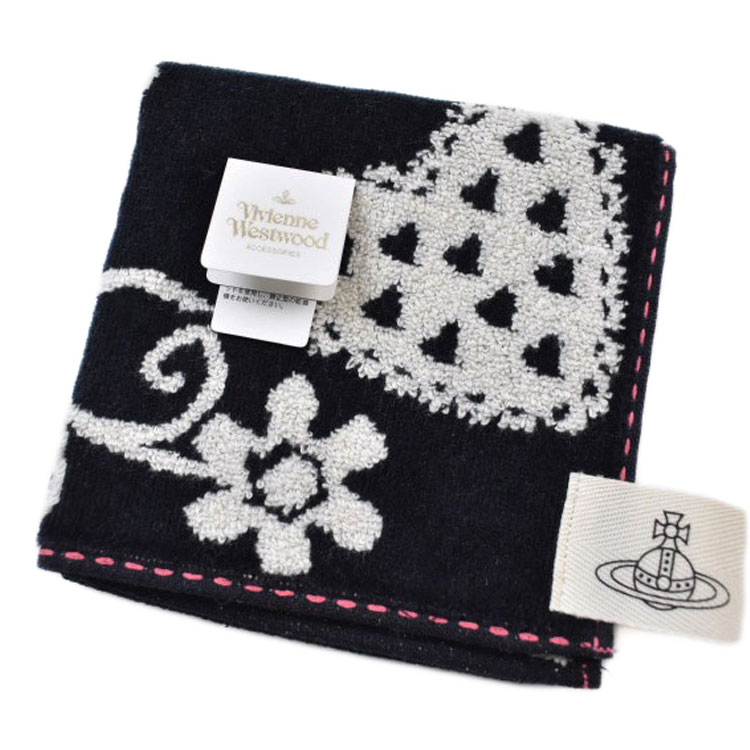 ヴィヴィアン ウエストウッド タオルハンカチ 1枚 レディース ブランド Vivienne Westwood 黒 ブラック 白 ホワイト ハート フラワー ロゴ 女性 婦人 ハンドタオル