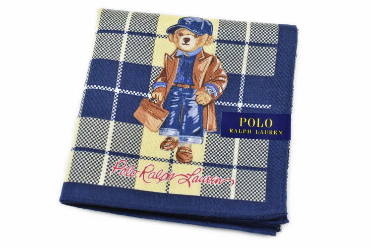 ポロ ラルフ ローレン ハンカチ レディース ポロ ラルフローレン ハンカチ 1枚 レディース ブランド POLO Ralph Lauren 紺 ネイビー × イエロー チェック ポロベア ベア ロゴ プリント 女性 婦人 【あす楽】