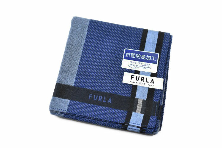 フルラ ハンカチ 1枚 メンズ ブランド FURLA 青 ブルー × グレー × 黒 ブラック ライン デザイン ロゴ 男性 紳士 【あす楽】