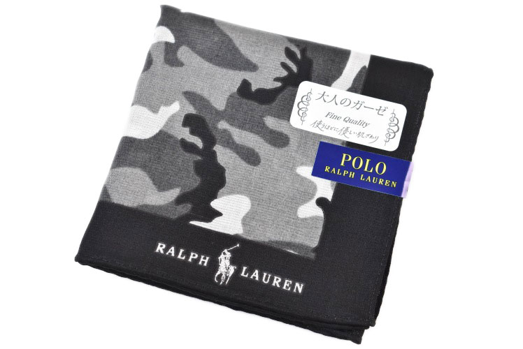 ポロ ラルフ ローレン ハンカチ レディース ポロ ラルフローレン ハンカチ 1枚 メンズブランド POLO Ralph Lauren 黒 ブラック × グレー 迷彩 カモフラ ロゴ ガーゼ素材 男性 紳士 父の日 【あす楽】