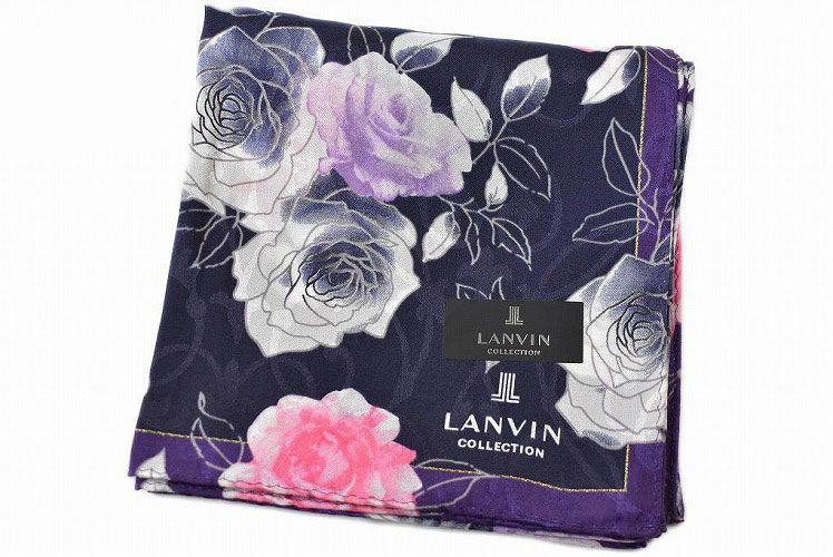 ランバンコレクション ハンカチ レディース ランバン コレクション 大判 ハンカチ 1枚 レディース ブランド LANVIN COLLECTION シルク混 紺 ダーク ネイビー ローズ プリント ラメ ライン 女性 婦人 母の日 【あす楽】