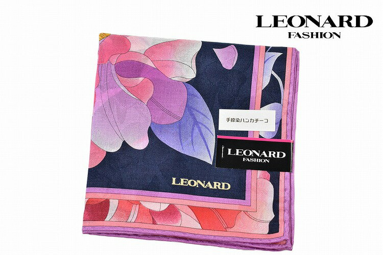 レオナール 大判 ハンカチ レディース 1枚 ブランド LEONARD シルク混 フラワー × ライン プリント パープル ピンク × ネイビー 女性 婦人 母の日 【あす楽】