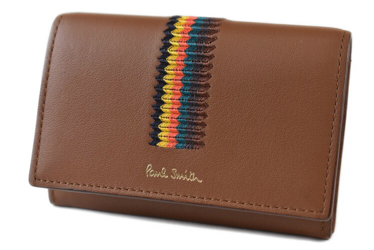 ポールスミス 名刺入れ（メンズ） ポールスミス 名刺入れ カードケース メンズ ブランド Paul Smith エンブロイストライプ 専用箱付 キャメル 茶 男性 紳士 本革 PSQ031 父の日 【あす楽】