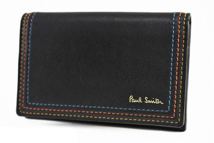 ポールスミス名入れ名刺入れ ポールスミス 名刺入れ カードケース メンズ ブランド Paul Smith ストライプステッチ フラップ 専用箱付 黒 ブラック 男性 紳士 本革 PSC692 【あす楽】