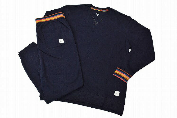 ポールスミス ルームウェア 薄手 メンズ ブランド Paul Smith ラウンジウエア LOUNGEWEAR 上下 セット セットアップ アーティストストライプリブ 春秋 長袖 クルーネック Tシャツ ロングパンツ M L LL 紺 ネイビー 男性 紳士 父の日 