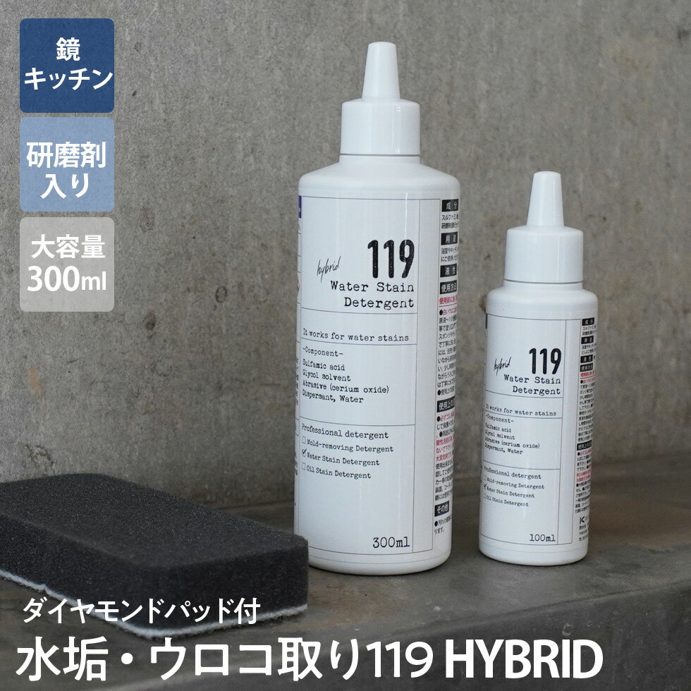 【119の日は30%OFF！11月9日0時〜10日23時59分まで】【新ボトル】水垢　鏡のウロコ落とし 119 HYBRID ( ハイブリッド ) 研磨剤入り 大容量 300ml ダイヤモンドパッド付のサムネイル