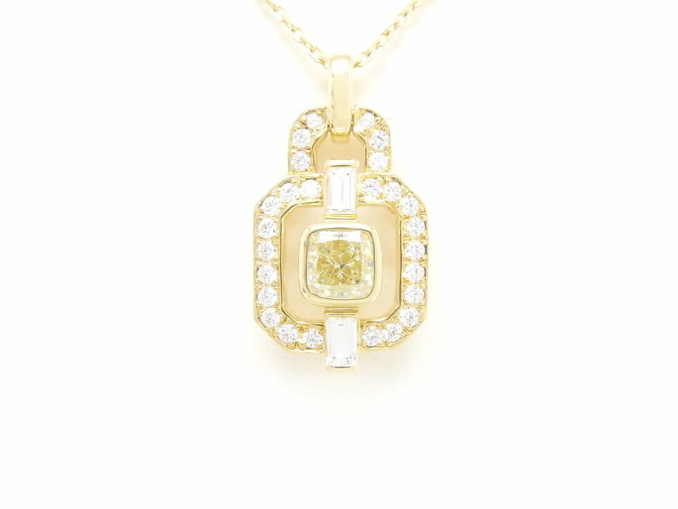 K18YG イエローダイヤ0.73ct 2Pバケットカットダイヤ・メレダイヤ0.46ct デザイン ペンダント 【新宿店】【中古】