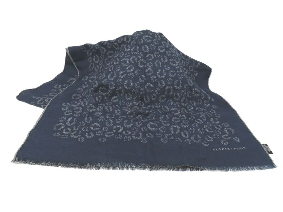 エルメス カシミヤ70% シルク30% ネイビー×グレー系 ホースシュー リバーシブル ストール 【池袋店】【中古】