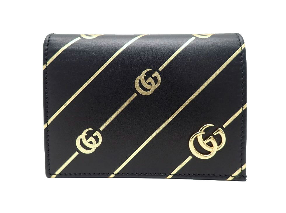 グッチ 548071 レザー ブラック×ゴールド GGストライプ 二つ折り財布【新宿店】【中古】【新着】