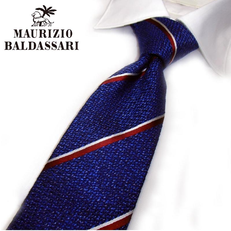 マウリツィオ バルダサーリ MAURIZIO BALDASSARI 上質！絹100％ ストライプ ネクタイ ブルー 日本製ブランド