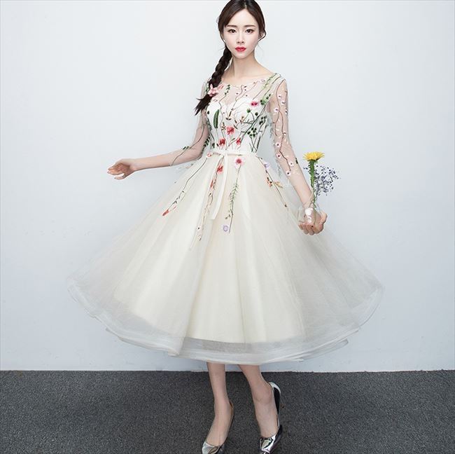 【ポイント10倍★送料無料】パーティードレス 結婚式 スーツ 母 ドレス ワンピース 母親 親族 フォーマルドレス 黒 ブラック 白 ホワイト ミモレ ロング 膝下 7分袖 袖あり シースルー 冬 花 刺繍 花柄 シフォン ウエディング ワンピ セクシー クール レトロ 結婚式 成人式