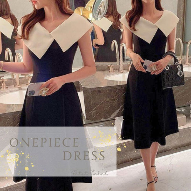 【ポイント10倍★送料無料】 パーティードレス 結婚式 スーツ 母 ドレス ワンピース 母親 親族 フォーマルドレス ブラック アイボリー バイカラー ビッグカラー ノースリーブ ミモレ丈 フレア ウエディング ワンピ セクシー クール レトロ 結婚式 成人式 花嫁 二次会 レディ