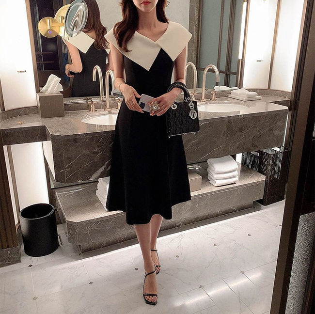 【ポイント10倍★送料無料】 パーティードレス 結婚式 スーツ 母 ドレス ワンピース 母親 親族 フォーマルドレス ブラック アイボリー バイカラー ビッグカラー ノースリーブ ミモレ丈 フレア ウエディング ワンピ セクシー クール レトロ 結婚式 成人式 花嫁 二次会 レディ