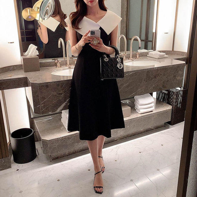 【ポイント10倍★送料無料】 パーティードレス 結婚式 スーツ 母 ドレス ワンピース 母親 親族 フォーマルドレス ブラック アイボリー バイカラー ビッグカラー ノースリーブ ミモレ丈 フレア ウエディング ワンピ セクシー クール レトロ 結婚式 成人式 花嫁 二次会 レディ