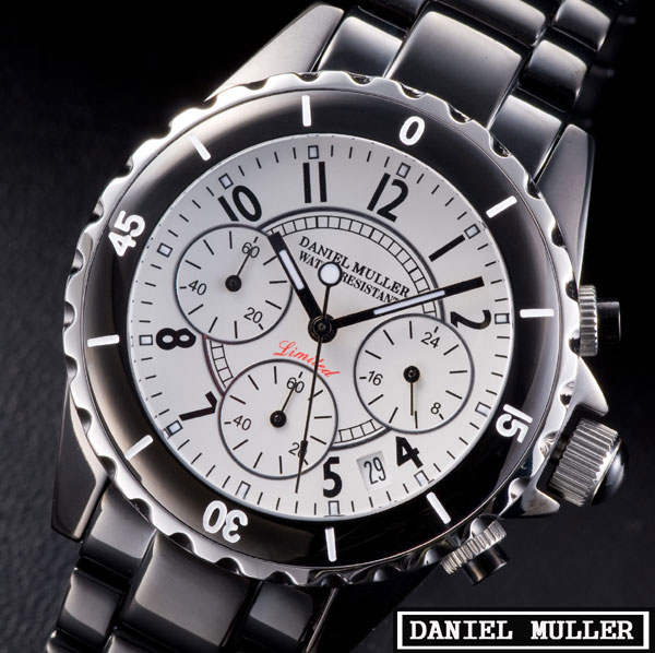 【バンド調整工具をプレゼント】ダニエルミューラー　DANIEL MULLER　ブラッククロノグラフ　メンズ腕時計　DM-1002WH 送料無料