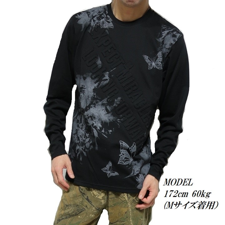 Tシャツ ロンT メンズ/レディース 蝶/チョウ ロゴ エンボス加工 プリント 服 長袖 クルーネック ブラック/黒