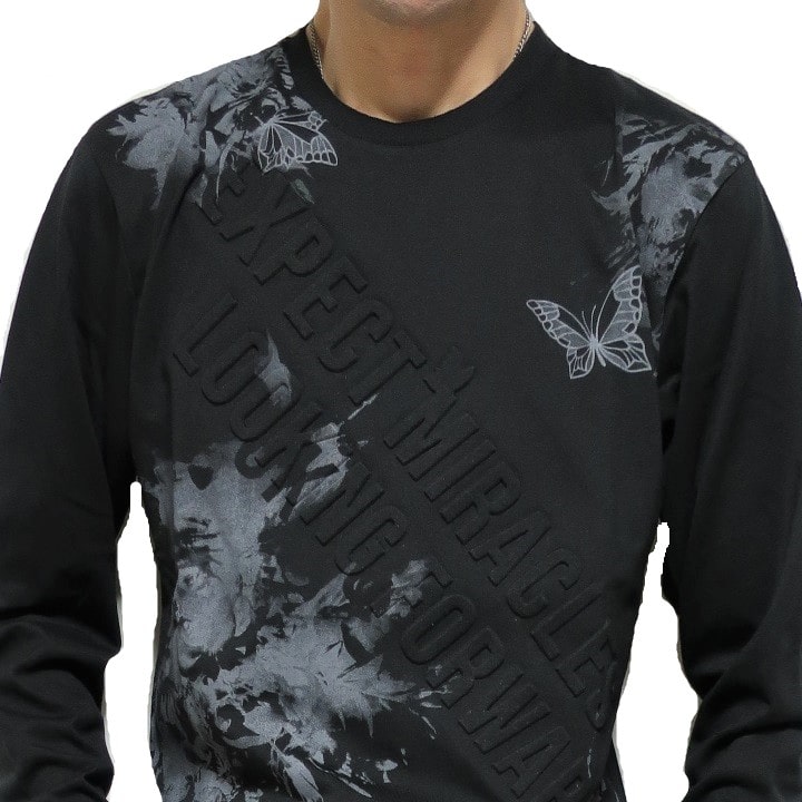 Tシャツ ロンT メンズ/レディース 蝶/チョウ ロゴ エンボス加工 プリント 服 長袖 クルーネック ブラック/黒