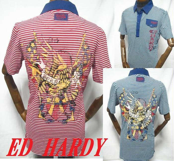 エドハーディー ed hardy エド・ハーディー ポロシャツ メンズ ボーダー イーグル 半袖 レッド/ブルー S-XL