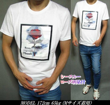 Tシャツ メンズ シースルー ローズ柄/貼付 花柄/薔薇/バラ ボーダー 半袖 トップス