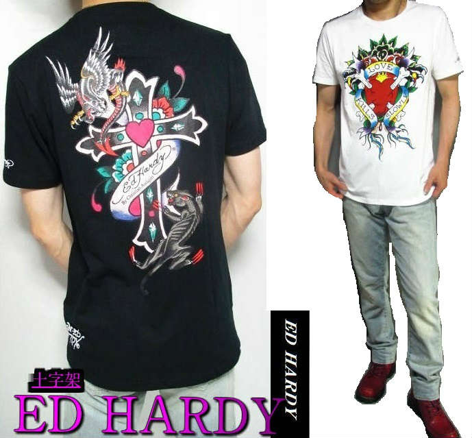 エドハーディー tシャツ ed hardy エド・ハーディー 半袖 Tシャツ 背中/十字架 ハート/クロスボーン メンズ ドクロ ブラック/ホワイト 2カラー L-XL