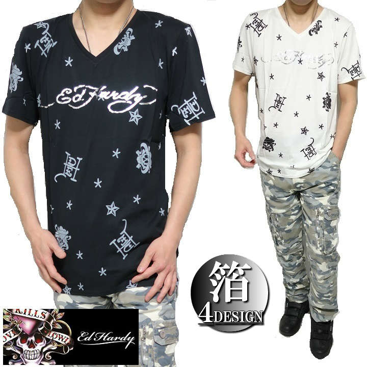 エドハーディー ed hardy エド・ハーディー 寅年 半袖 Tシャツ メンズ/レディース スカル/ラブキル/総柄 Vネック 箔プリント ブラック/ホワイト S-L