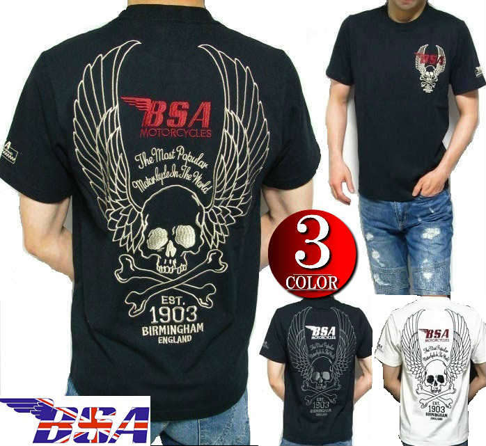 BSA スカルtシャツ Tシャツ メンズ 刺繍/スカル/ドクロ バーミンガムスモールアームズ 半袖 ブラック/ホワイト M-XL