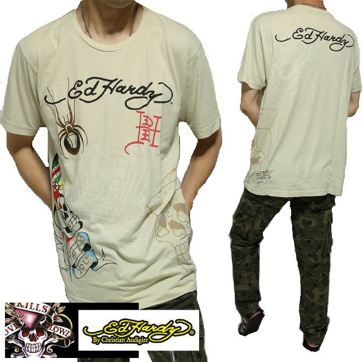 エドハーディー ed hardy クリスチャンオードジェー Tシャツ メンズ 半袖 スカル/スパイダー エド・ハーディー ベージュ クリスチャン・オードジェー M-L